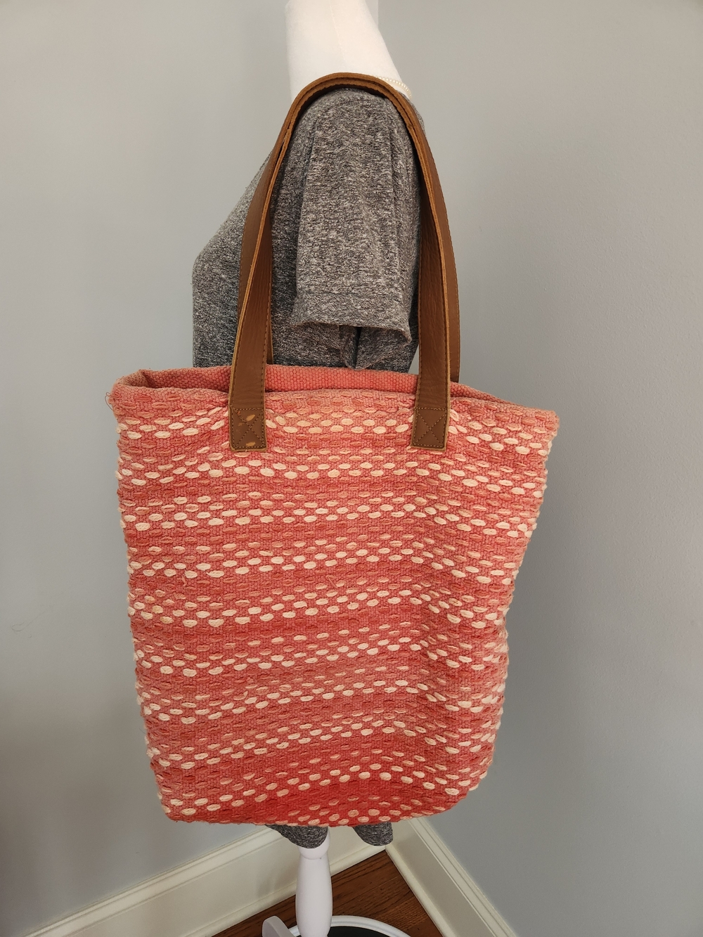 Company Store Pick Stitch Woven Pink And Orange Tote Bag with Brown Straps
